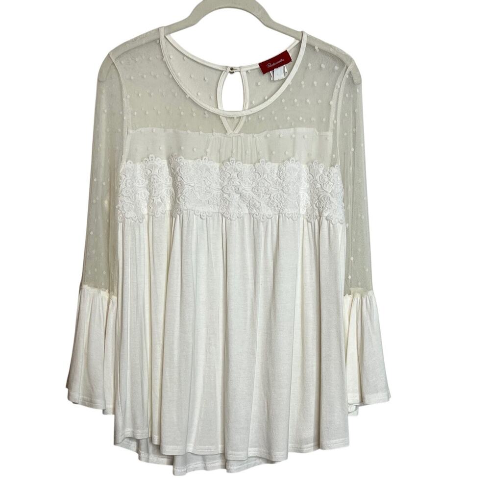 Panhandle Womens Blouse Size Large Ivory Knit Crochet Trim Mesh Bodice Fairy